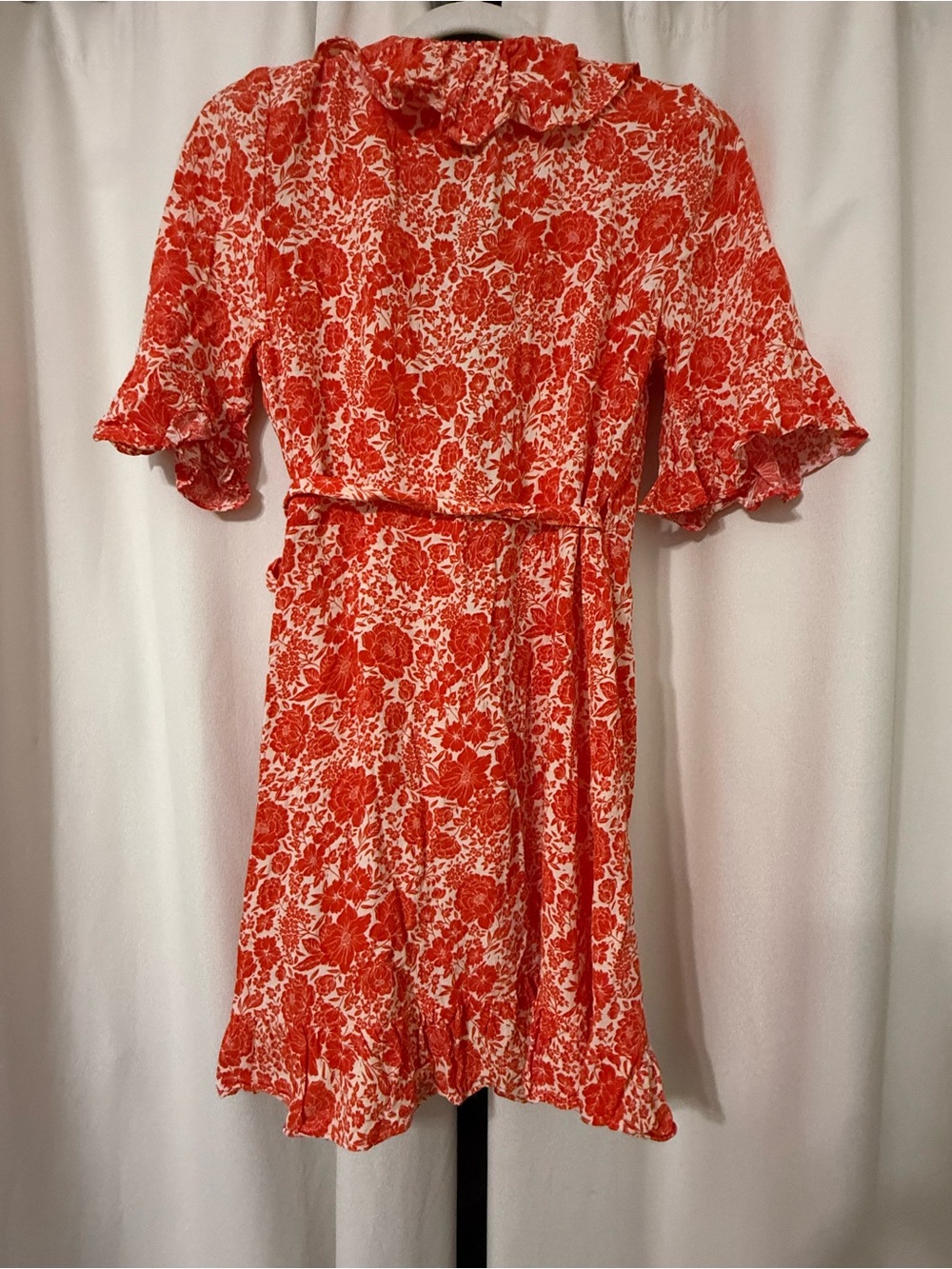 Topshop Reddish Orange Floral Mini Wrap Ruffle Dress with Short Sleeves Size S - Picture 6 of 6